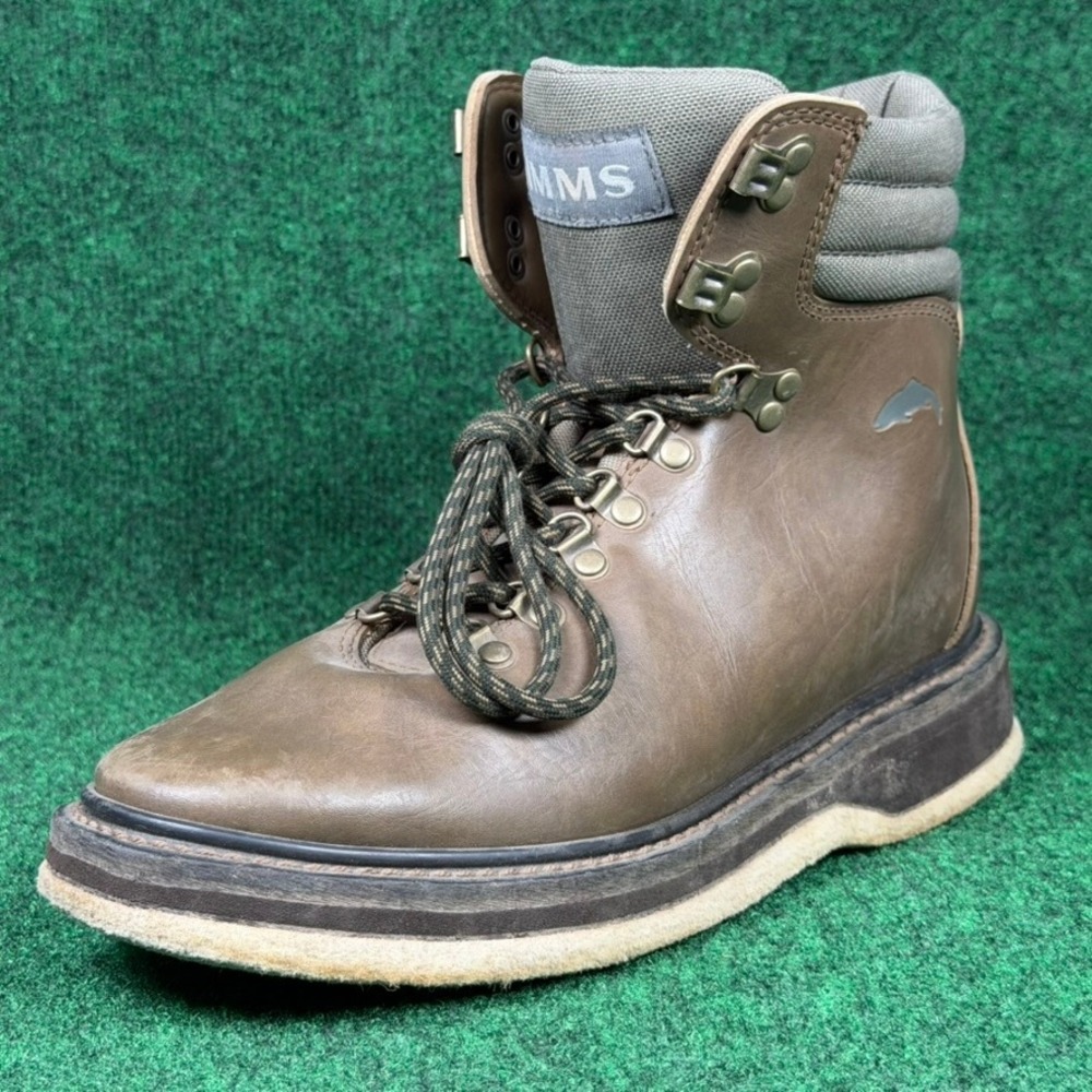 Simms Brown Leather Wading Boots Mens 9 Fly Fishing Felt Sole Lace Up Outdoor